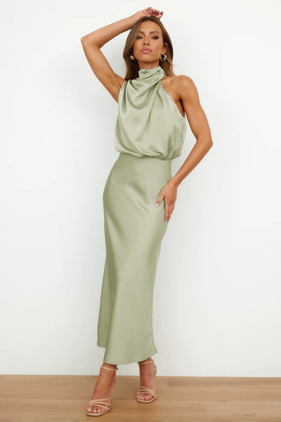 Rebecca | Halter Neck Satin Maxi Dress