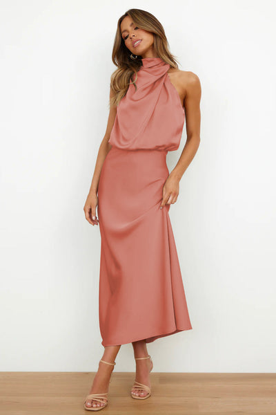 Rebecca | Halter Neck Satin Maxi Dress