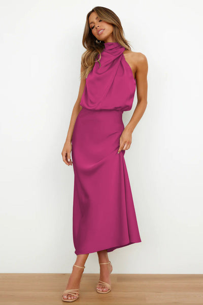 Rebecca | Halter Neck Satin Maxi Dress