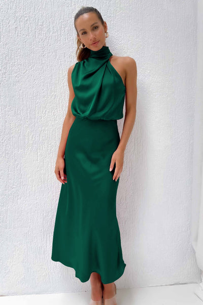 Rebecca | Halter Neck Satin Maxi Dress